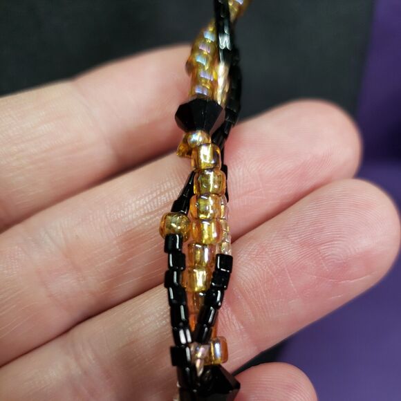 Gold Foiled Glass Black & Gold AB Glass Bead Necklace W/ 14KGF Matching Earrings - Picture 9 of 12